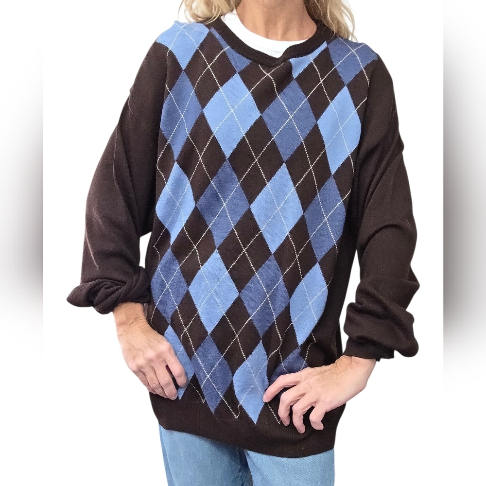 Vintage Italian Wool Blend Argyle Sweater Oversized Brown Blue Preppy - Picture 1 of 8